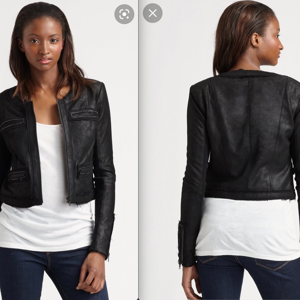 HOT Veda Chain Embellished Fringe Trim Zip Black Cropped Leather Jacket $995+!